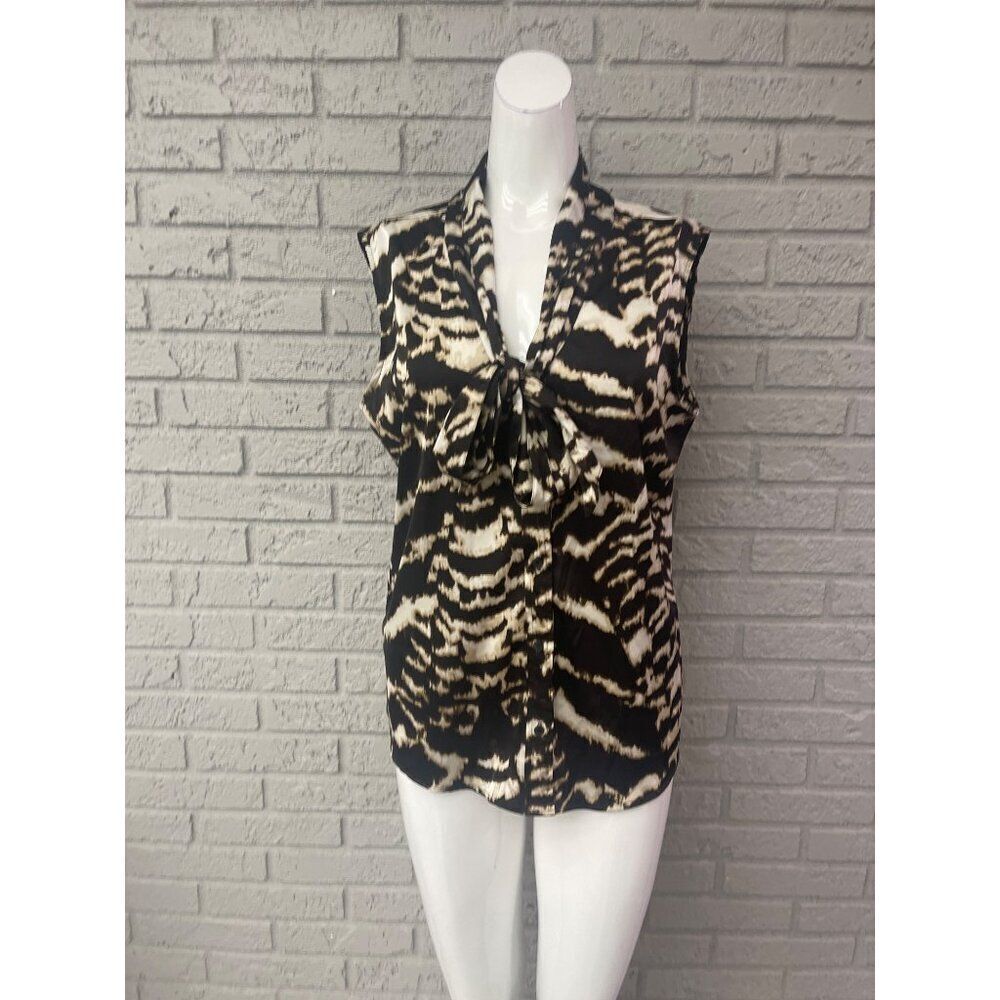 Calvin Klein Women Brown Animal Print Sleeveless Necktie Blouse Size L